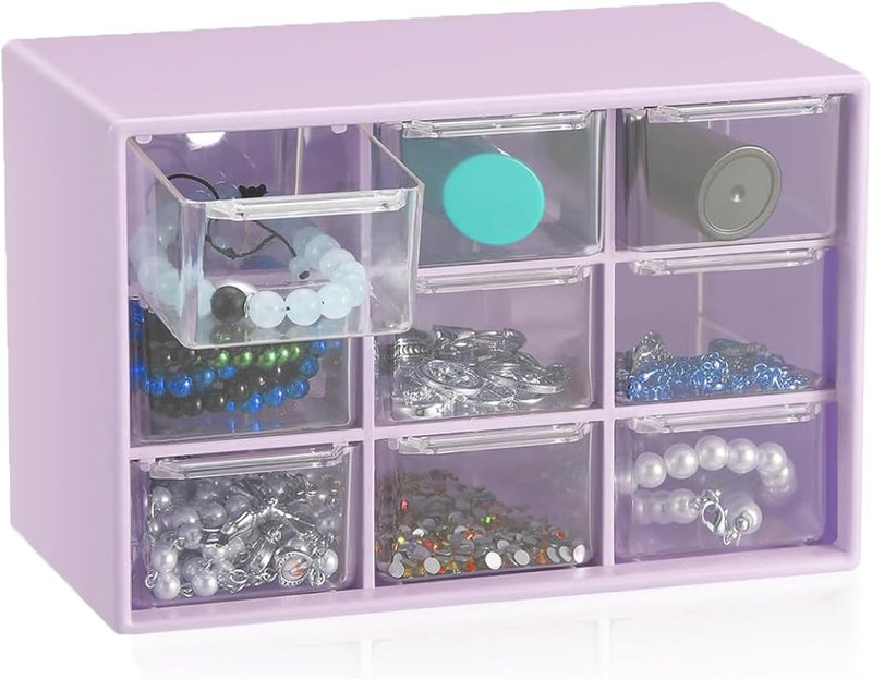 LIPCHEEGO 6 Pcs Small Drawer Organizer for Desk, Mini Desktop Drawer Organizer with 9 Clear Drawers, Plastic Desktop Craft Storage Box for Desk Office School Home 7.1" x 3. 8" x 4.6" (Purple) - Image 3